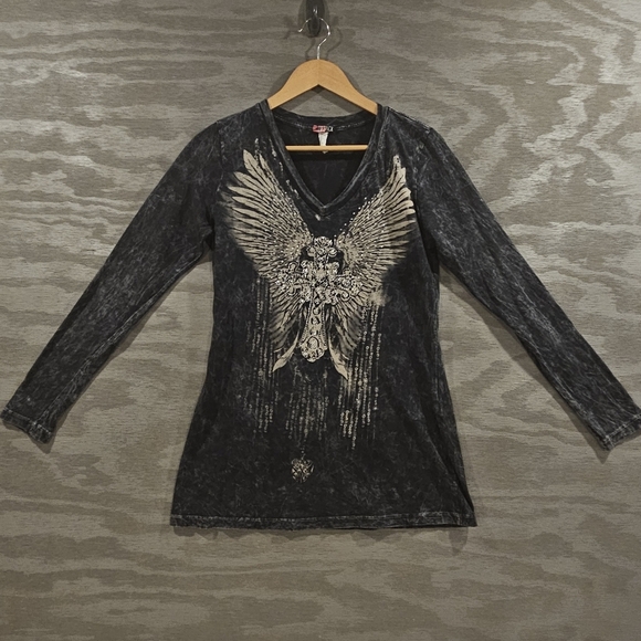 LIPSTICK SZ L Biker Punk Goth V-Neck Long Sleeve Cross Wings Embellished Shirt - Picture 10 of 10
